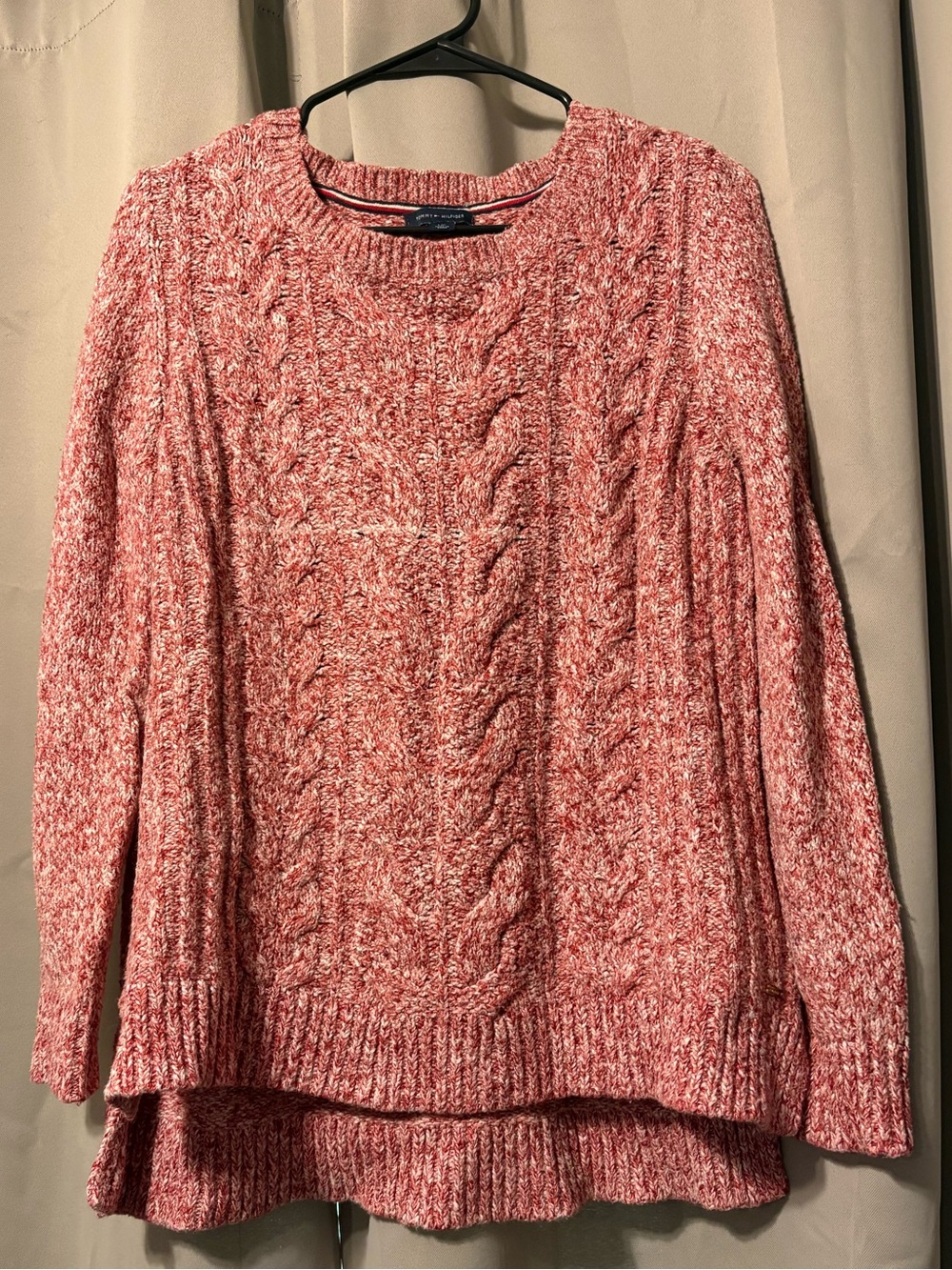 Tommy Hilfiger Marbled Red Cable Knit Crewneck Sweater